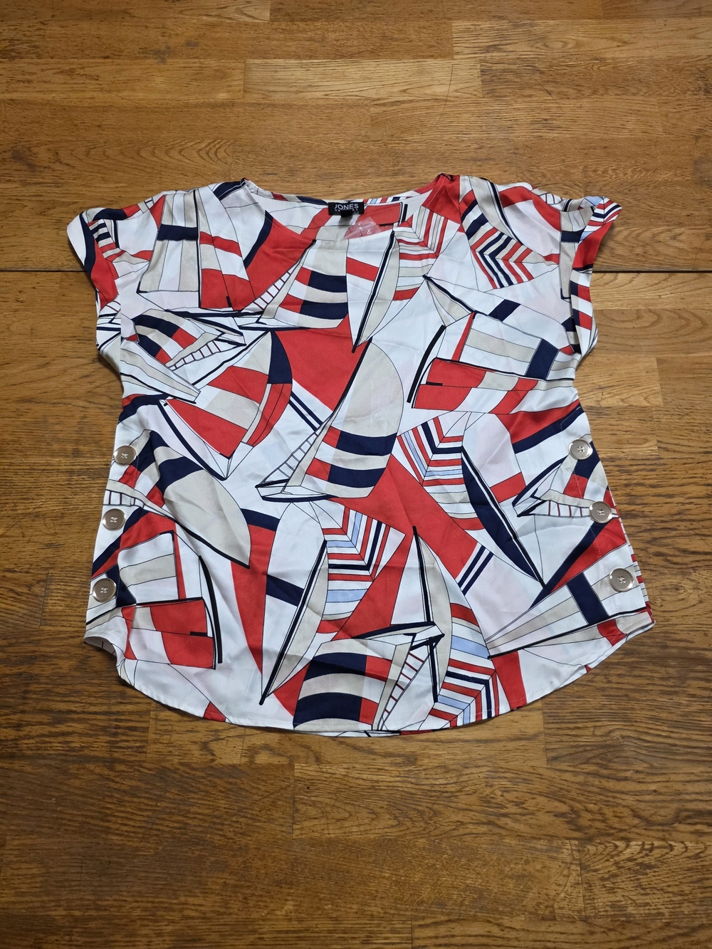 Jones New York Coastal Preppy Geometric Sailboat Nautical Scoop Neck Blouse